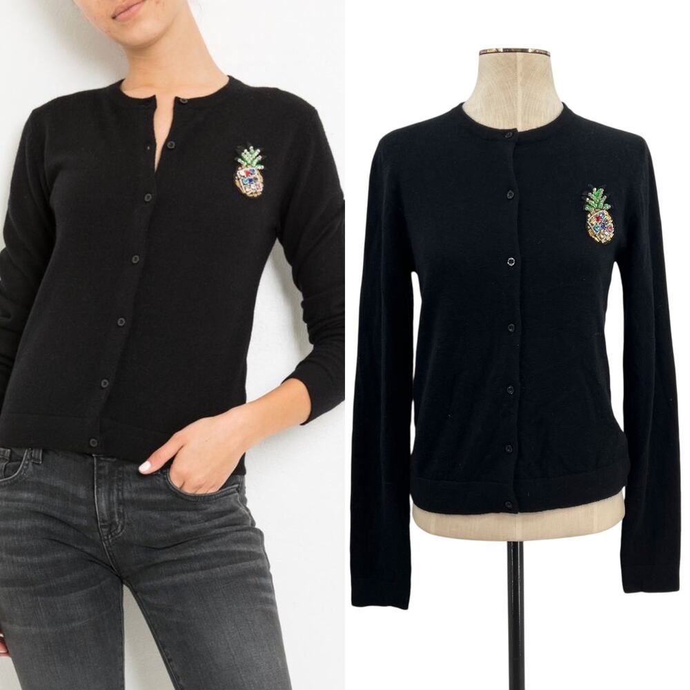 Le Superbe Embellished Cardigan Sweater Cashmere Pineapple Black‎ Size Medium